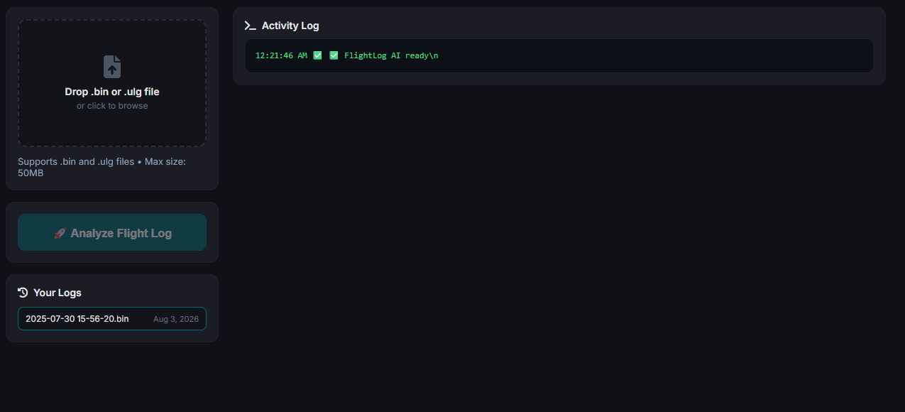 Upload screen with the log dropzone